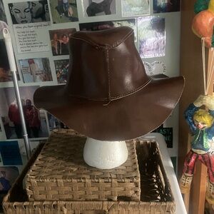 Brown Leather Wide-Brim Hat